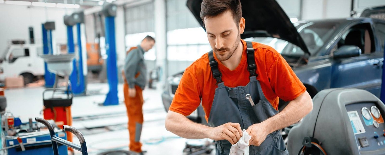 Volkswagen 4 Mecánico junto a un equipo de servicio en un taller